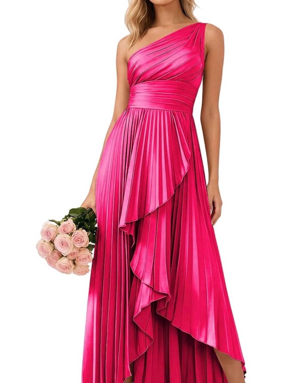 Igor One-Shoulder Hot Pink Pleated Evening Gown